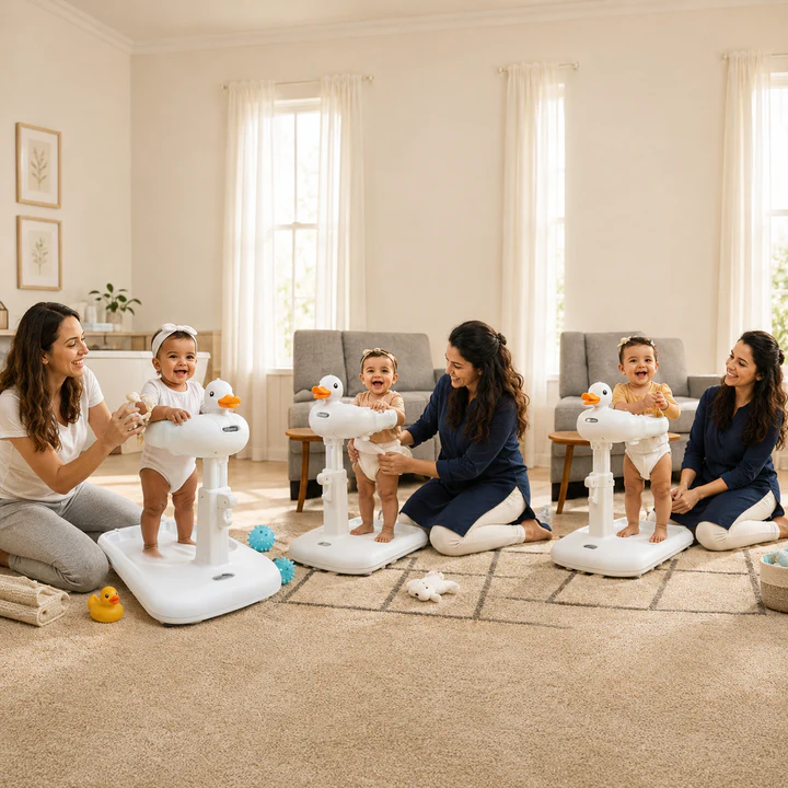 Mothers sitting on the floor with their babies during play